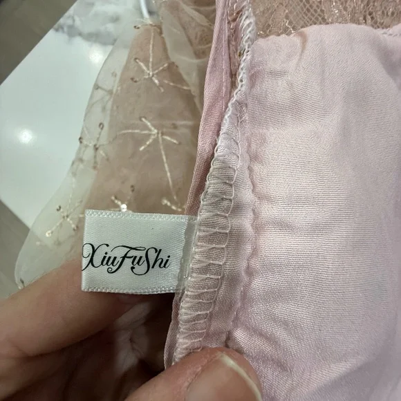 XiuFuShi Blush Tweed Dress Sheer Embroidered Overlay Fully Lined - Picture 3 of 7